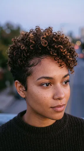 Woman With Curly Caramel Pixie Cut