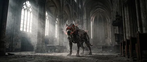 Hellhound Standing in Abandoned Gothic Cathedral