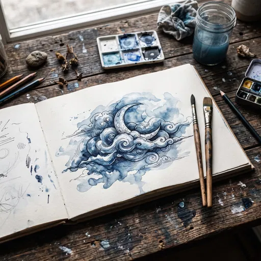 Watercolor Crescent Moon Sketchbook on Desk