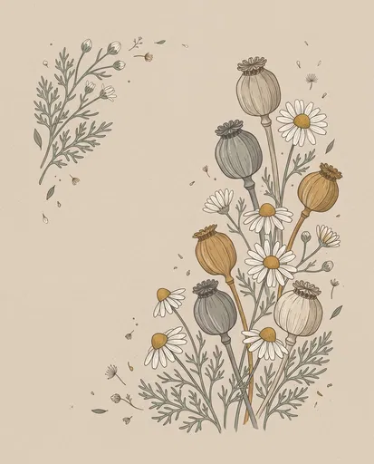 Chamomile and Poppy Pods Botanical Illustration
