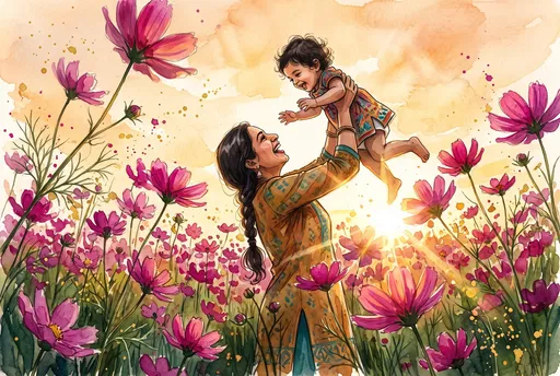 Mother Lifting Toddler in Cosmos Field