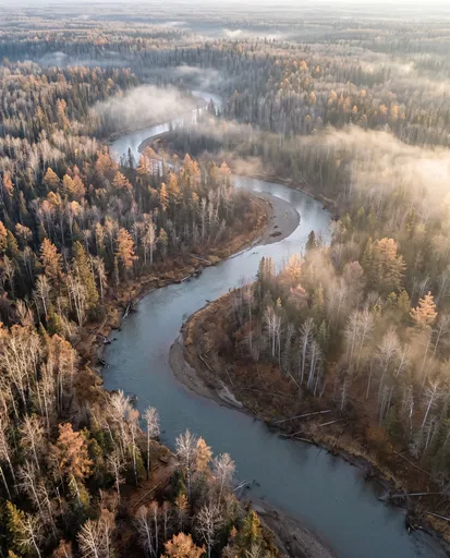 Aerial View of Misty Autumn River Forest