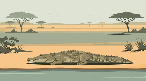 Flat Vector Crocodile on Savanna Riverbank