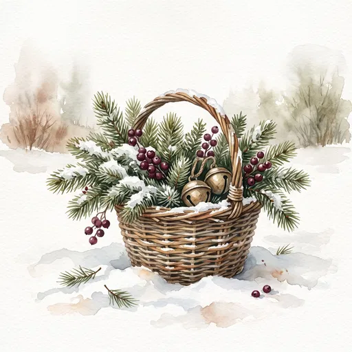 Watercolor Winter Basket with Pine and Bells