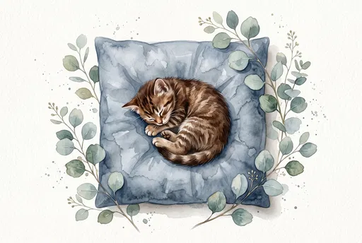 Watercolor Sleeping Tabby Kitten on Blue Cushion