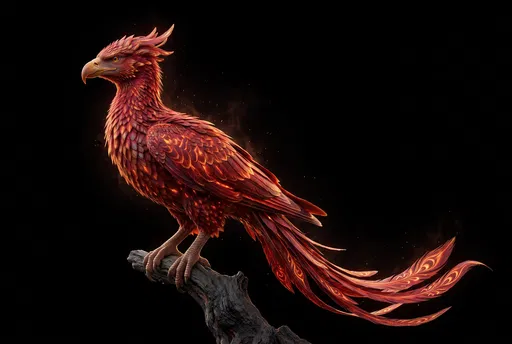 Glowing Crimson Phoenix Perched in Profile