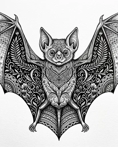 Ornate Botanical Black Ink Bat Illustration