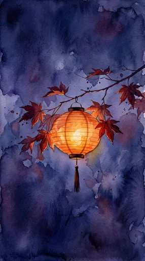 Watercolor Lantern on Autumn Maple Branch