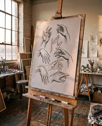 Charcoal Hand Sketches on Studio Easel