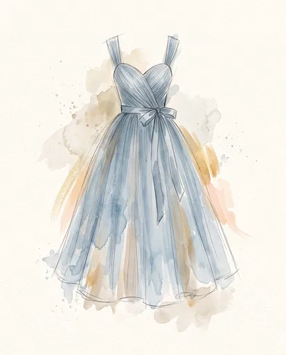 Dusty Blue Dress Watercolor Fashion Illustration