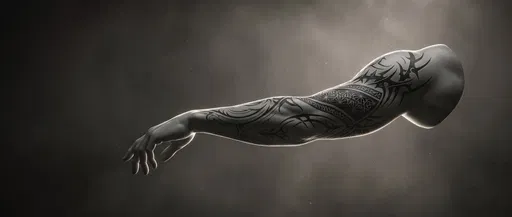 Sculpted Grey Arm With Blackwork Tattoo
