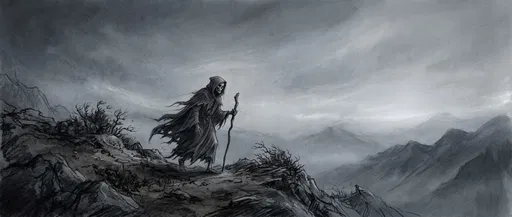 Cloaked Skeleton Walking on Mountain Ridge