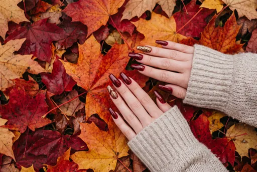 Autumn Oxblood and Gold Manicure on Leaves
