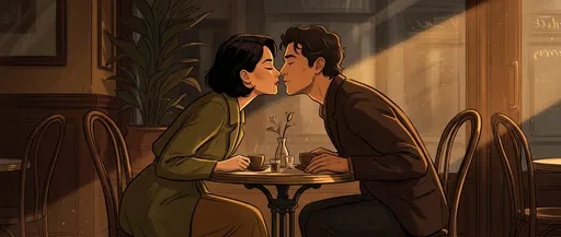 Couple Kissing at Cafe Table Illustration