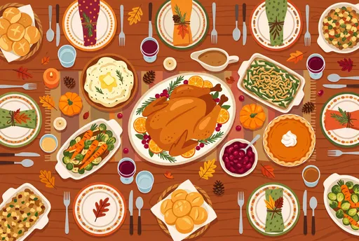 Top-Down Thanksgiving Feast Table Illustration