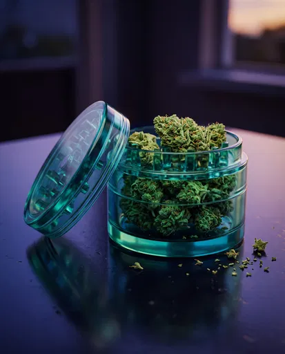 Translucent Teal Grinder Filled With Cannabis Buds