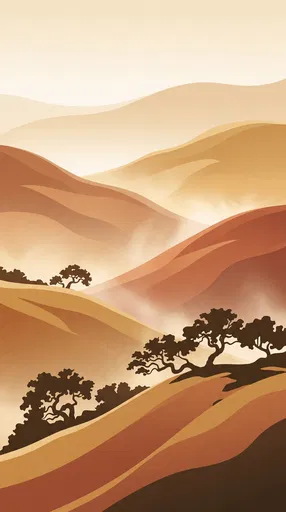 Minimalist Golden Hills and Oak Trees Illustration