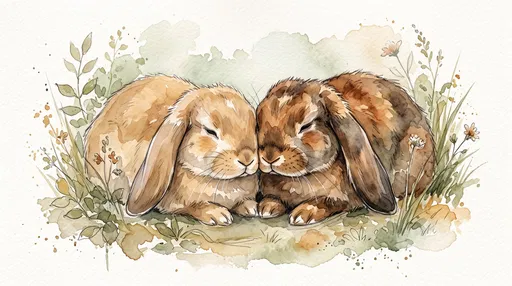 Watercolor Illustration of Two Cuddling Lop Bunnies