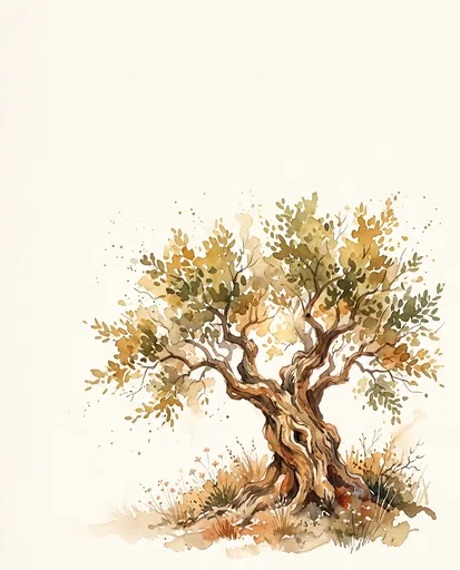Watercolor Illustration of an Old Olive Tree