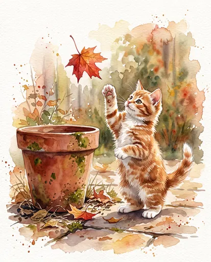 Watercolor Kitten Reaching for Autumn Leaf