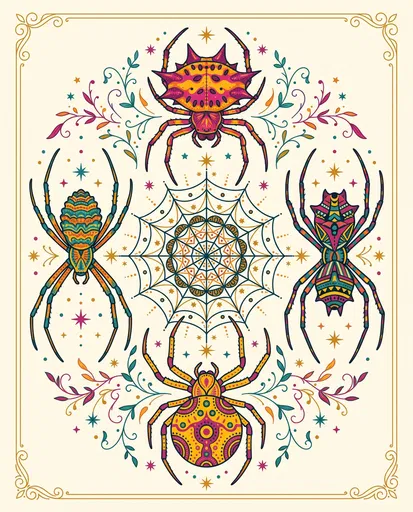 Colorful Stylized Orb-Weaver Spiders Illustration