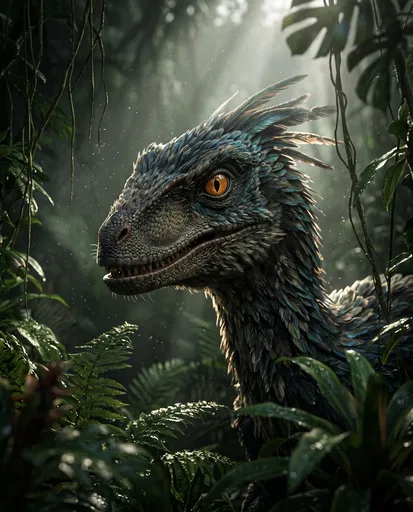 Feathered Velociraptor in Dense Jungle