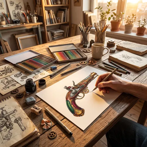 Artist Drawing Ornate Steampunk Pistol at Desk