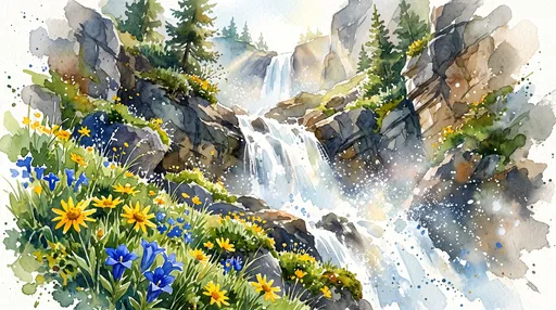 Alpine Waterfall and Wildflowers Watercolor