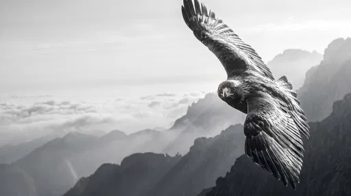 Monochrome Eagle Soaring Over Misty Mountains
