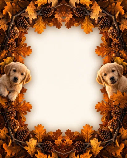 Autumn Leaf Border With Golden Retriever Puppies