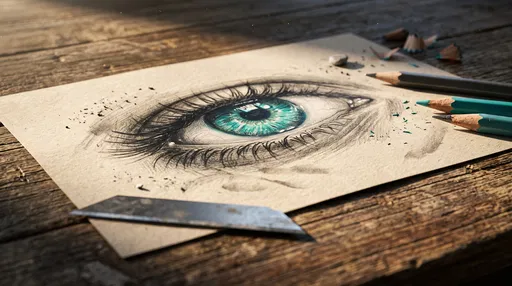 Turquoise Eye Pencil Sketch on Desk