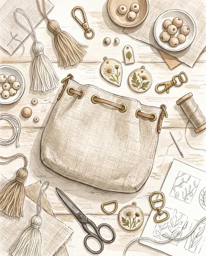 Watercolor Craft Flat Lay With Linen Purse