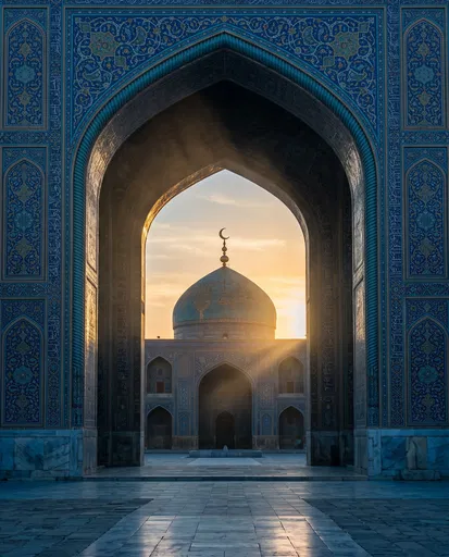 Blue Tiled Mosque Archway at Sunset