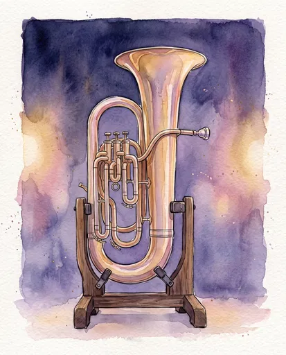 Watercolor Baritone Horn on Wooden Stand