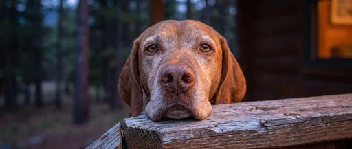 Senior Vizsla Resting Chin on Porch Rail
