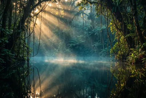 Sunlit Misty Jungle Lagoon With Vines