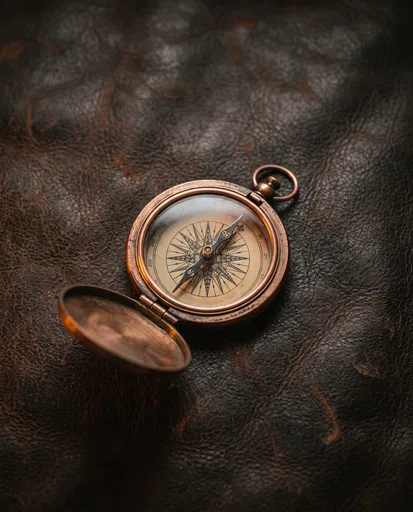 Vintage Copper Compass on Dark Leather