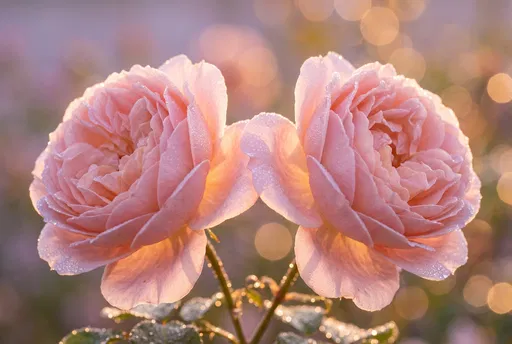 Two Dewy Pink Roses in Sunlight