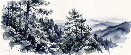Watercolor Pine Forest on Mountain Ridge