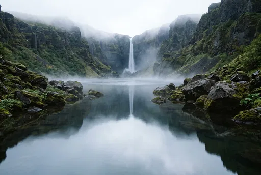 Misty Canyon Waterfall and Calm Lagoon