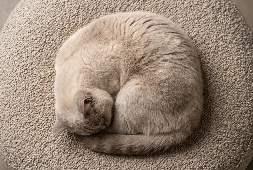 Cream Cat Curled on Boucle Ottoman