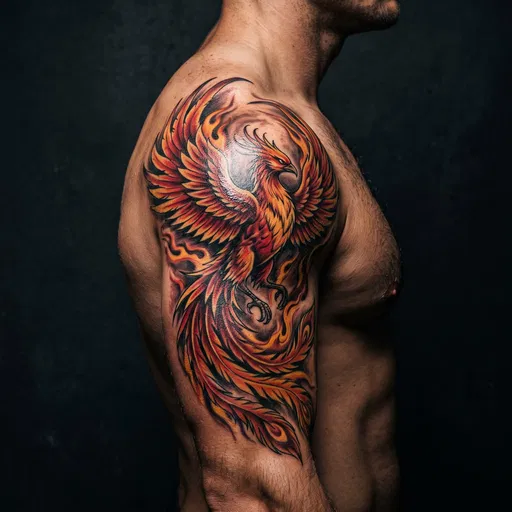 Vibrant Phoenix Tattoo on Muscular Shoulder