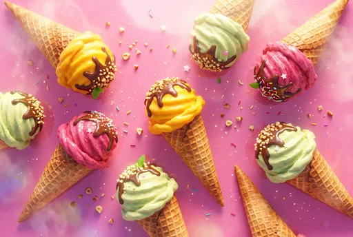 Colorful Ice Cream Cones Flat Lay