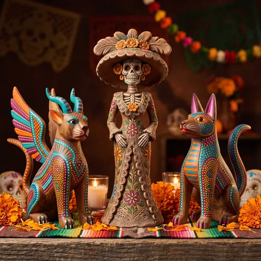Clay Catrina and Wooden Alebrije Figurines