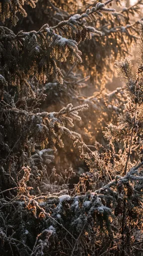 Frosted Pine Branches in Golden Sunlight