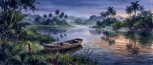Watercolor Boat on Tranquil Twilight River