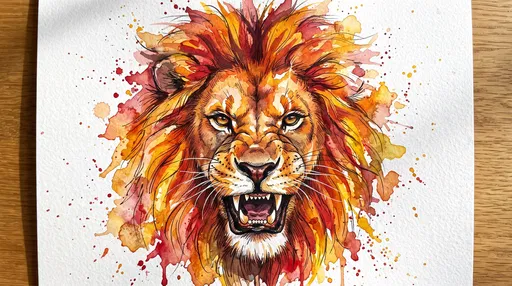Watercolor Lion Face Illustration on Paper