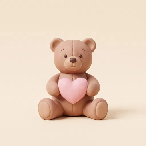 3D Clay Teddy Bear Holding Pink Heart