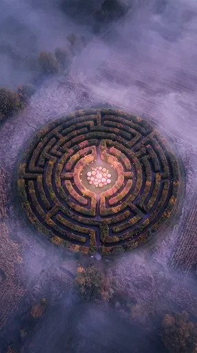 Aerial View of Misty Autumn Hedge Labyrinth