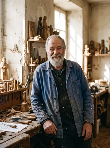 Bearded Woodcarver in Sunlit Workshop